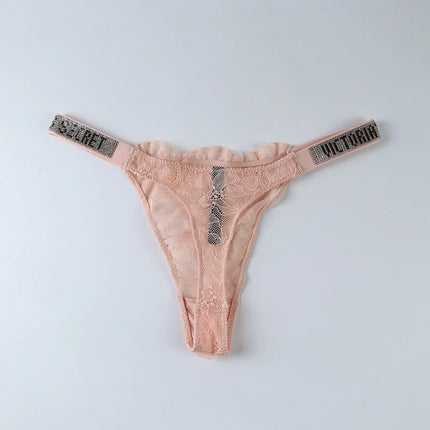 2026 New Satin Letter Rhinestone G-String Women Underwear Sexy Lace Lingerie Low Waist Seamless Panties Panties
