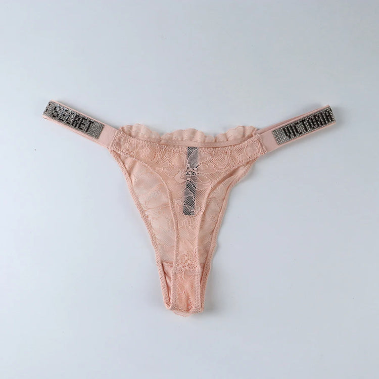 2026 New Satin Letter Rhinestone G-String Women Underwear Sexy Lace Lingerie Low Waist Seamless Panties Panties
