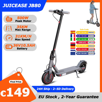 JUICEASE JB80 Scooter elettrico 500W Potenza di picco 35KM 31KM/H 36V10.5AH Batteria lunga Pneumatici da 8,5 pollici con Smart APP Pieghevole EScooter