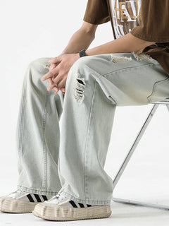 Jeans strappati estivi da uomo Gamba dritta ampia Retro da uomo Disegna corda Porta Pantaloni casual tutto-fiammifero di marca di moda