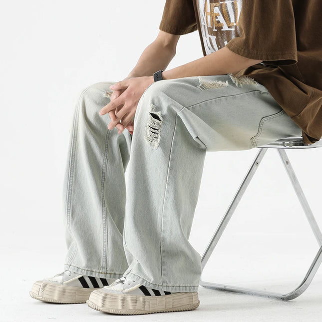 Jeans strappati estivi da uomo Gamba dritta ampia Retro da uomo Disegna corda Porta Pantaloni casual tutto-fiammifero di marca di moda