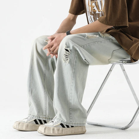 Jeans strappati estivi da uomo Gamba dritta ampia Retro da uomo Disegna corda Porta Pantaloni casual tutto-fiammifero di marca di moda