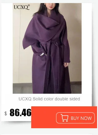 UCXQ Color Blocked Double Sided Wool Coat For Women Hooded Long Sleeved Belt Cardigan Coats 2025 Autumn Winter New Tide 23Z3934