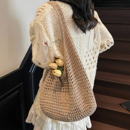 Crochet Crossbody Bag Hollow Beach Leisure Handbag Solid Color Summer Holiday Woven Shoulder Bag