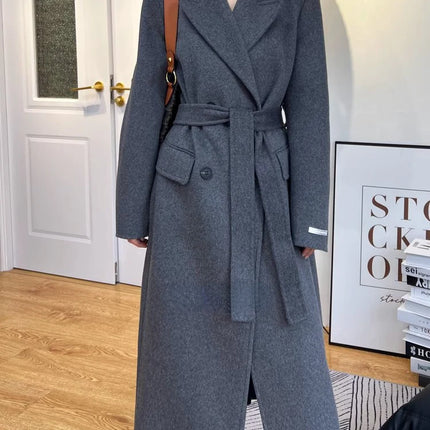 High-end White Thick Double-sided Wool Cashmere Coat Long Women Fashion Casual Loose Lapel Lace-up Woolen Jacket Autumn Winter