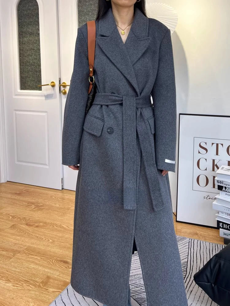 High-end White Thick Double-sided Wool Cashmere Coat Long Women Fashion Casual Loose Lapel Lace-up Woolen Jacket Autumn Winter