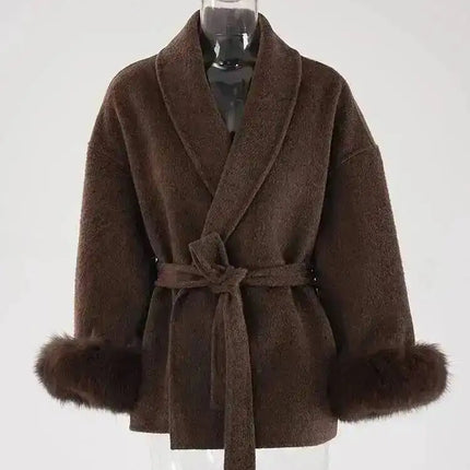 UCXQ Elegant OL Office Lady Overcoats Fur Patchwork Long Sleeve Woolen Coat Beautiful Women's Clothing Jacket Autumn 2025 Winter