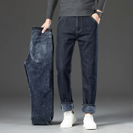 2026 New Jeans Brand Autumn Winter Jeans Warm Flocking Warm Soft Men Activities Warm Fleece Pants Men Jeans Black Blue Colors