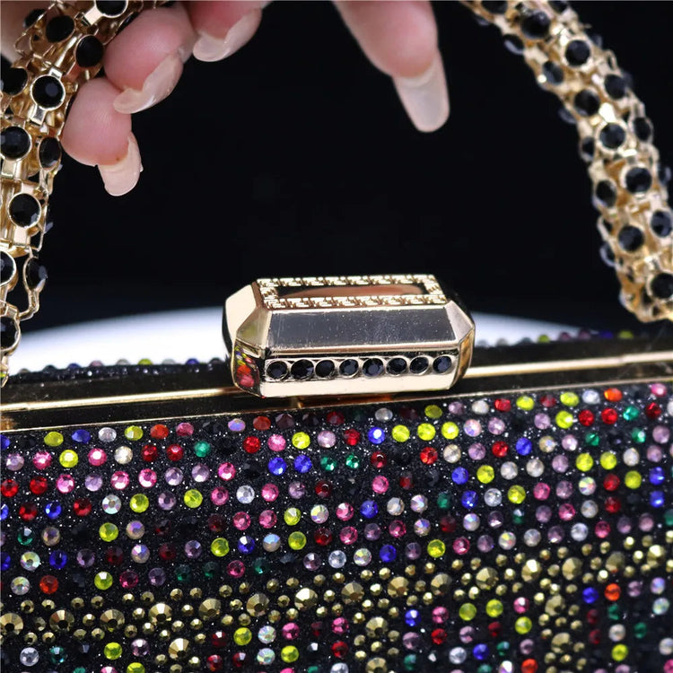 Popular In Nigeria Exquisite Evening Bags With Diamond Design Fashion Handle Clutch Rhinestone Embellished Long Chain Bag PlatiNum