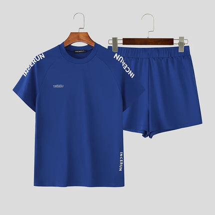 INCERUN Set da uomo Stampa Allenamento estivo T-shirt a maniche corte casual e pantaloncini Set da due pezzi Streetwear 2025 Abiti da uomo di moda platinumshop