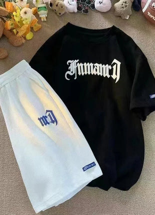 Set di abbigliamento sportivo a maniche corte in seta di ghiaccio estiva casual con waffle transfrontaliero T-shirt da uomo Set di abbigliamento da uomo abbinato platinumshop