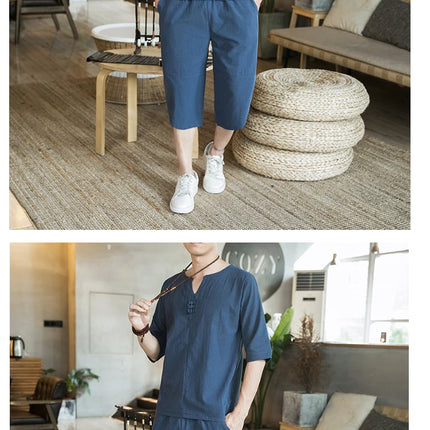 Stile giapponese Kimono T-shirt a maniche corte Pantaloni Due pezzi Top da uomo Pantaloni Abiti da uomo Giappone Harajuku Yukata Cardigan Costume