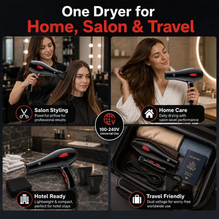 Professional 3000W Hair Dryer 100‑240V Dual Voltage Blow Dryer Adjustable Heat Speed With Nozzles For Home Salon Travel Hair Styling
