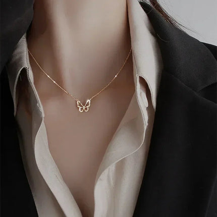 Silver Butterfly Necklace Women Crystal Zircon Pendant Necklace for Women Girl Crystal Chain Necklace Party Jewelry PlatiNum