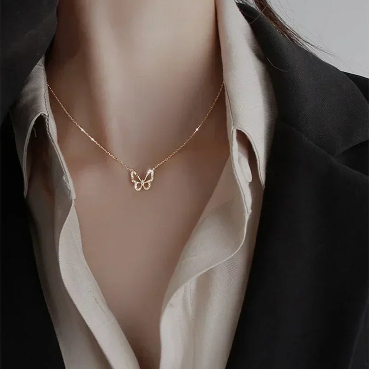 Silver Butterfly Necklace Women Crystal Zircon Pendant Necklace for Women Girl Crystal Chain Necklace Party Jewelry PlatiNum