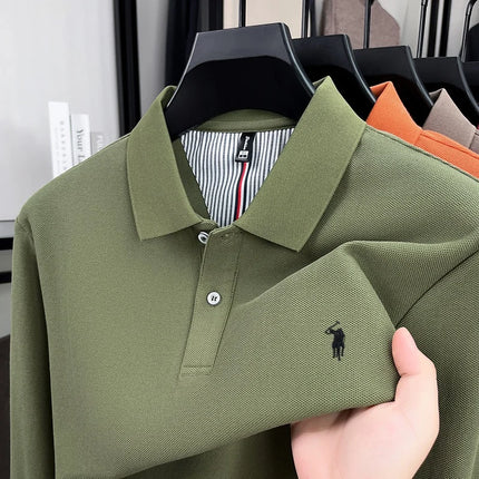 100% pure cotton autumn and winter men's sports fashion brand embroidered pony long-sleeved POLO business casual T-shirt