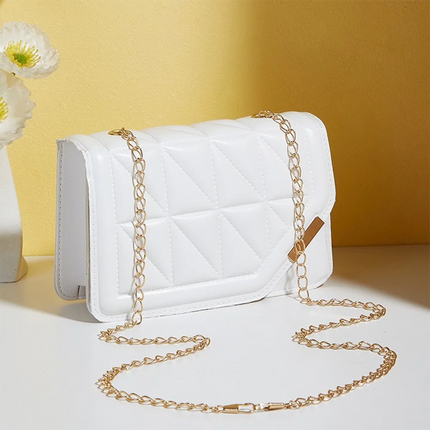 Trendy Embroidered Square Bag  - Diamond Pattern Shoulder Purse with Chain Strap & Magnetic Closure PlatiNum