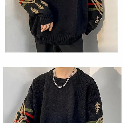 Autumn Men's Ethnic Style O-Neck Knitted Sweaters Y2K Vintage Streetwear Knitwear 2025 New Casual Pattern Printed pull homme