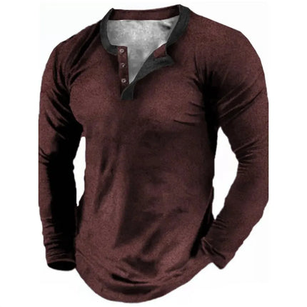 Spring Autumn Solid Color Henley Shirts 3D Printed Men's Fashion Vintage Button-Down Long Sleeve T Shirts Men's Tees Top Apparel