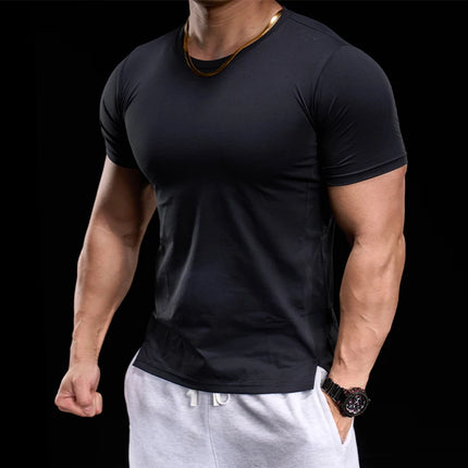 Men's gym fitness workout clothing slim fit short sleeve breathable high elasticity sports T-shirt, running sports
