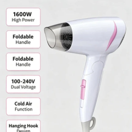 Compact Foldable Travel Blow Dryer 1600W Power 100‑240V Universal Voltage Cold Air Function Hanging Loop Design For Travel Household Hair Care