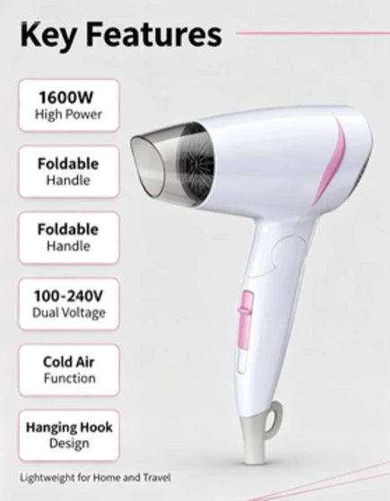 Compact Foldable Travel Blow Dryer 1600W Power 100‑240V Universal Voltage Cold Air Function Hanging Loop Design For Travel Household Hair Care