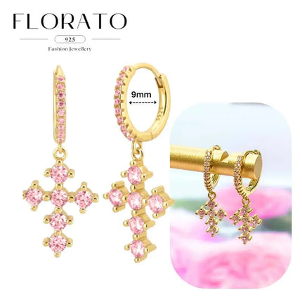 Lussuosa geometria 925 orecchio in argento sterling Ago rosa serie zircone orecchini a cerchio pendenti dolce moda regali di gioielli da sposa platinumshop