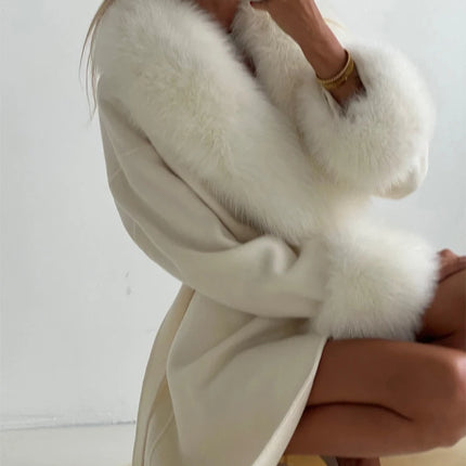 Women's Solid Color Lace Up Fur Collar Woolen Overcoat Bathrobe Style Long Loose Coat Advanced Atmosphere Autumn Winter Overwear