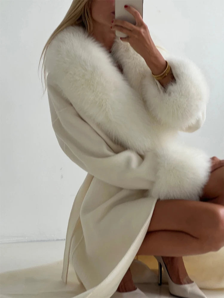 Women's Solid Color Lace Up Fur Collar Woolen Overcoat Bathrobe Style Long Loose Coat Advanced Atmosphere Autumn Winter Overwear