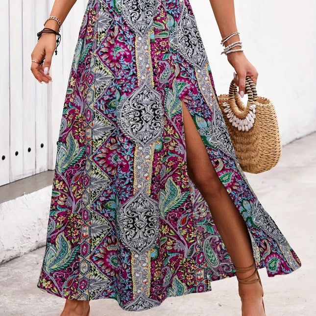 Women's Bohemian Vintage Long Skirt with Ethnic Print, Casual High-Waist Summer Skirt 2026, Elegant Pleated Slit A-Line Boho Skirt