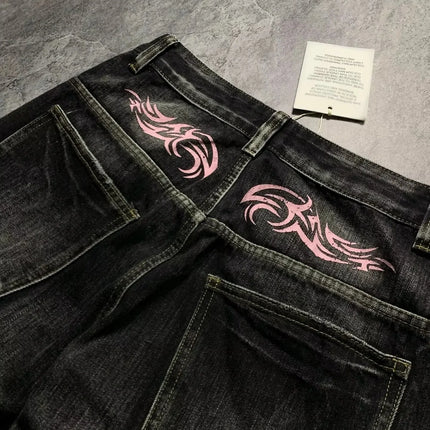 Y2K Street Retro Jeans Donna Pantaloni larghi con stampa totem screziati Moda Hip Hop Trend Coppia allentata Pantaloni larghi a gamba larga dritti americani