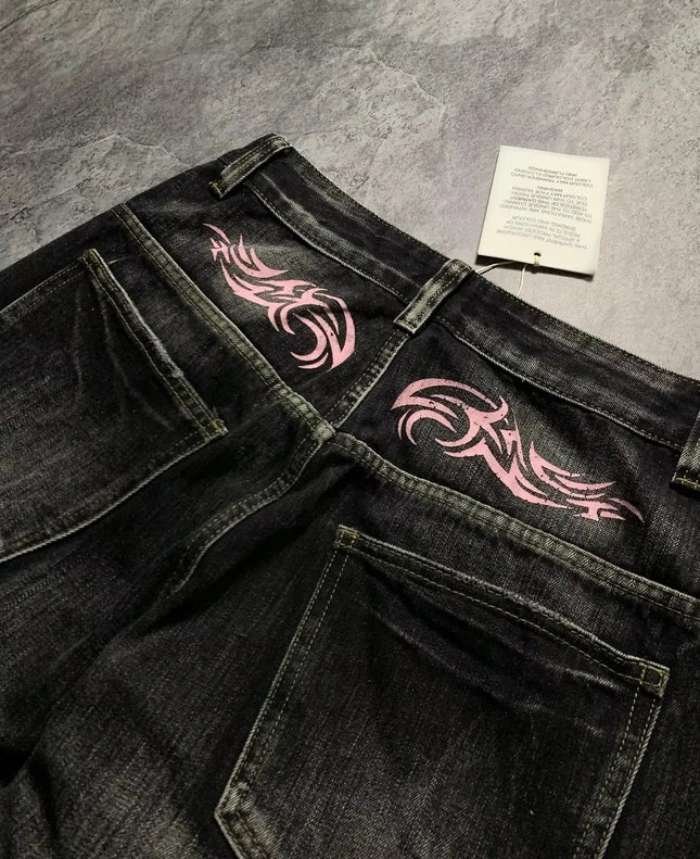 Y2K Street Retro Jeans Women Distressed Totem Print Baggy Pants Fashion Hip Hop Trend Loose Couple American Straight Wide Leg Pants