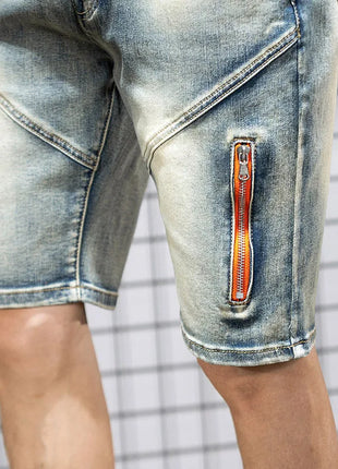 Pantaloncini di jeans da uomo estivi Retro moto cotone elastico moda jeans corti al ginocchio cerniera Hip Hop Rock Streetwear