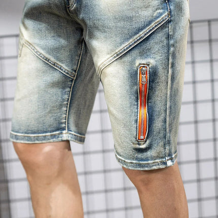 Pantaloncini di jeans da uomo estivi Retro moto cotone elastico moda jeans corti al ginocchio cerniera Hip Hop Rock Streetwear