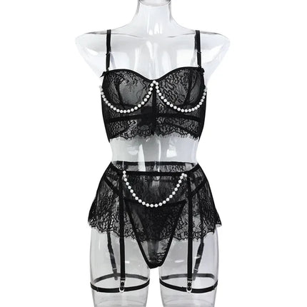 Sexy Erotic Womens Western Style Handmade Pearl 4 Piece Set Sensual See Through Lace Alluring Bowknot Attractive Breathable Set