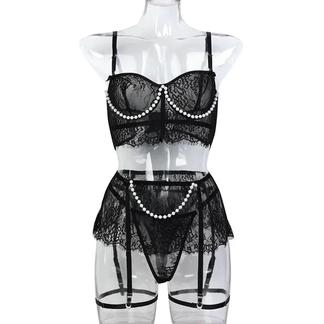 Sexy Erotic Womens Western Style Handmade Pearl 4 Piece Set Sensual See Through Lace Alluring Bowknot Attractive Breathable Set
