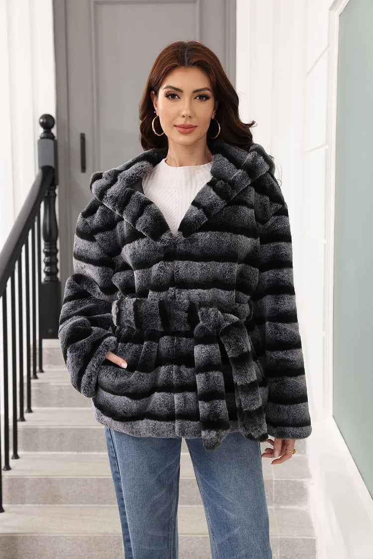 ZADORIN New Stripes Winter Fur Coats Woman Mid Long Hooded Warm Loose Faux Fur Coat For Woman Elegant Belted Fluffy Fur Jacket