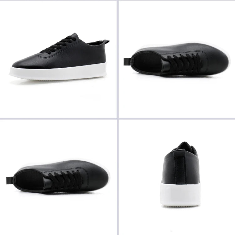 Fashion Thick Sole Black White Soft Men Leather Shoes Platform Men Casual Board Shoes Walking Sport Shoes Lightweight Work Shoes