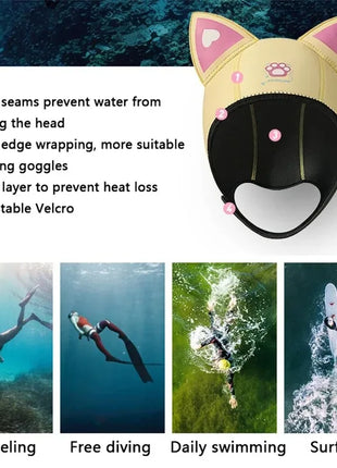 Cappuccio da sub con orecchie di gatto Cappuccio da muta in neoprene da 3 mm Cuffia da nuoto da donna carina per il surf Snorkeling Sport acquatici Cappello da sub da surf