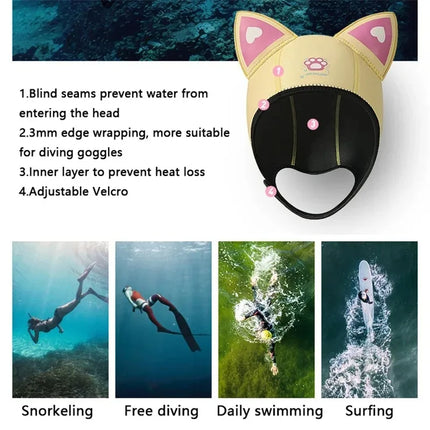 Cat Ear Diving Hood 3mm Neoprene Wetsuit Hood Cute Women's Swimming Cap for Surfing Snorkeling Water Sports Surf Diving Hat