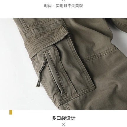 American Style Men's Heavyweight Cotton Cargo Pants Multi-Pocket Casual Loose Straight-Leg Work Trousers Outdoor Jogger Pants