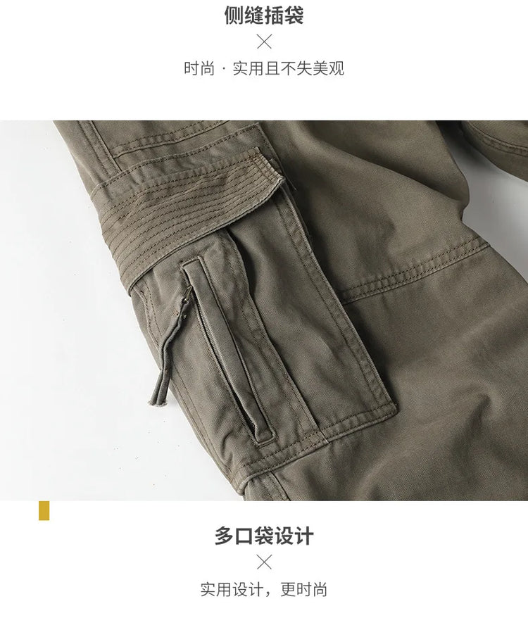 American Style Men's Heavyweight Cotton Cargo Pants Multi-Pocket Casual Loose Straight-Leg Work Trousers Outdoor Jogger Pants