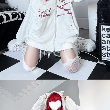 Original Print Subculture Dark Loose Cat Ear Distressed Hooded Sweatshirt Jacket Zip Up Hoodie Oversized Hoodie