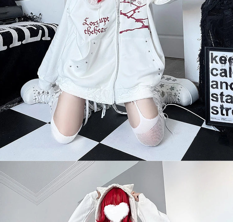 Original Print Subculture Dark Loose Cat Ear Distressed Hooded Sweatshirt Jacket Zip Up Hoodie Oversized Hoodie