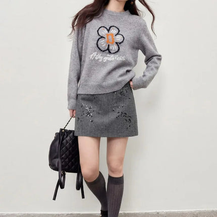 SENTUBILA Women's Sequin Skirt 2025 Elegant Wool Blend Bead Embroidery A Line Short Skirt Winter Thick Commute Clothes 161QA6559 PlatiNum