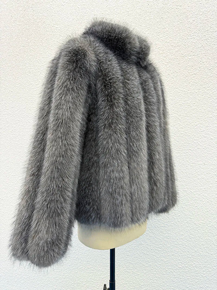 ZADORIN New Luxury Patchwork Striped Stand Collar Faux Fur Coat Woman Clothing Winter Furry Jacket Fur Faux Coats Warm Fur Top