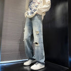 New vintage casual loose fit men's jeans with high street style straight leg denim pants for teenagers, torn knees and damaged PlatiNum