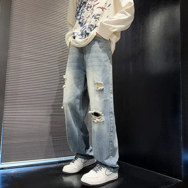 New vintage casual loose fit men's jeans with high street style straight leg denim pants for teenagers, torn knees and damaged PlatiNum
