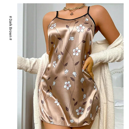 Women's Nightwear Summer Floral Print Satin Nightgown Casual Sleeveless Backless Nightdress Sexy Nightwear Home Clothes