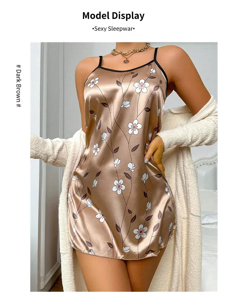 Indumenti da notte da donna Camicia da notte estiva in raso con stampa floreale Camicia da notte casual senza maniche senza schienale Camicia da notte sexy Abiti per la casa